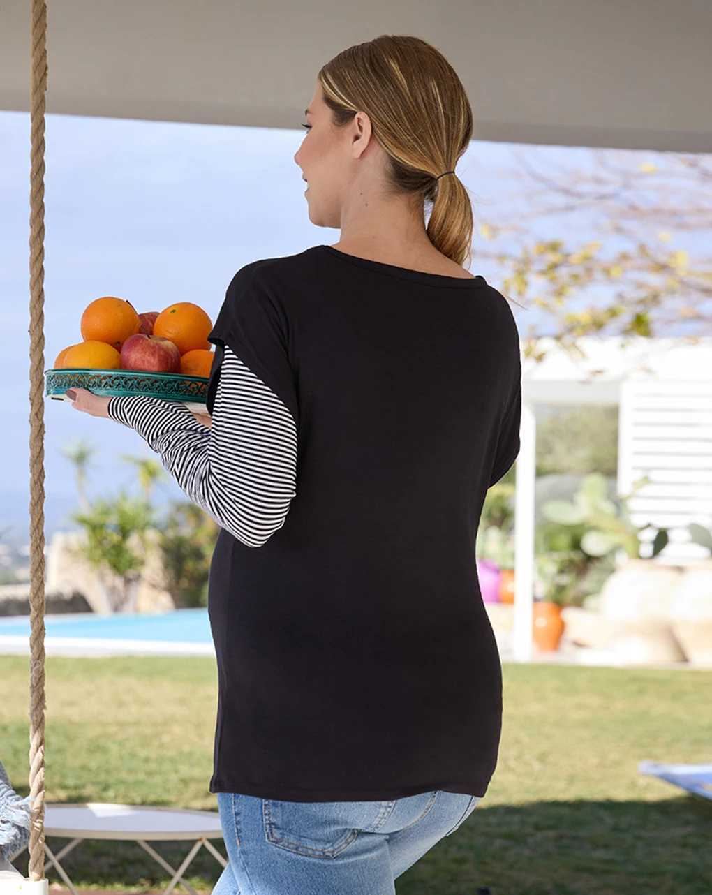 Prenatal T-shirt Allattamento Nera Con Fantasia Righe 2 Prenatal T-shirt Allattamento Nera Con Fantasia Righe - immagine 2