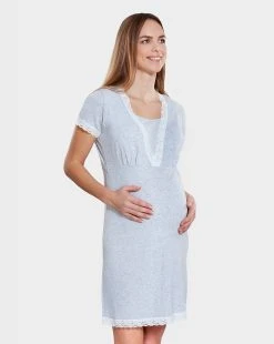 Prenatal Camicia Allattamento Mezze Maniche Grigio Chiaro Mélange Con Pizzo