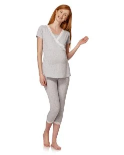 Prenatal Pigiama Allattamento Grigio A Maniche Corte E Pizzo Bianco